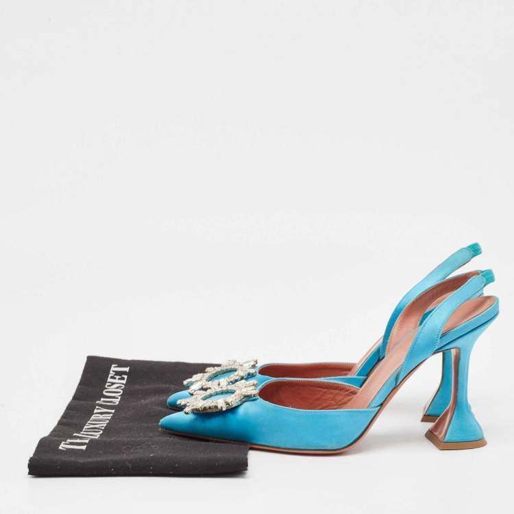 Pre Owned Amina Muaddi Blue Satin Begum Slingback Sandals Size 38.5