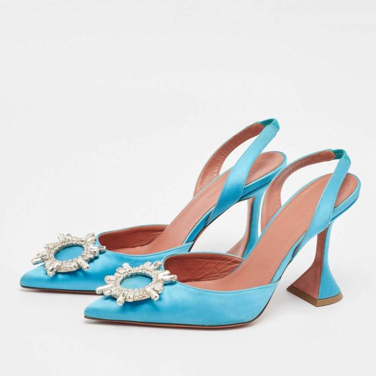 Pre Owned Amina Muaddi Blue Satin Begum Slingback Sandals Size 38.5
