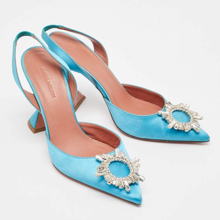 Pre Owned Amina Muaddi Blue Satin Begum Slingback Sandals Size 38.5