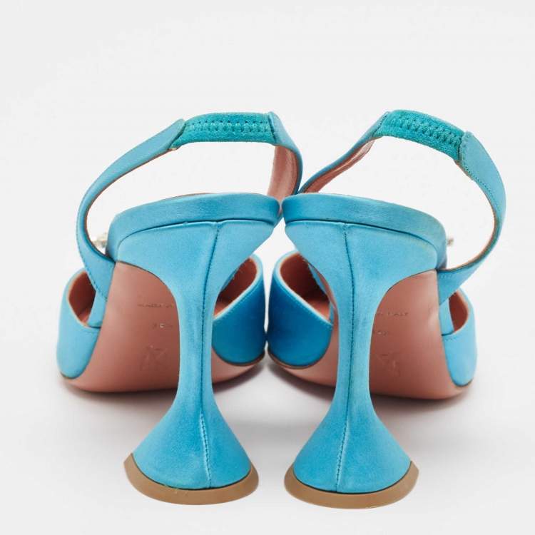 Pre Owned Amina Muaddi Blue Satin Begum Slingback Sandals Size 38.5