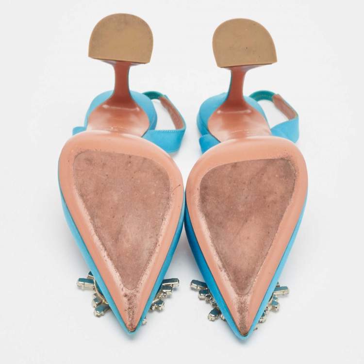 Pre Owned Amina Muaddi Blue Satin Begum Slingback Sandals Size 38.5