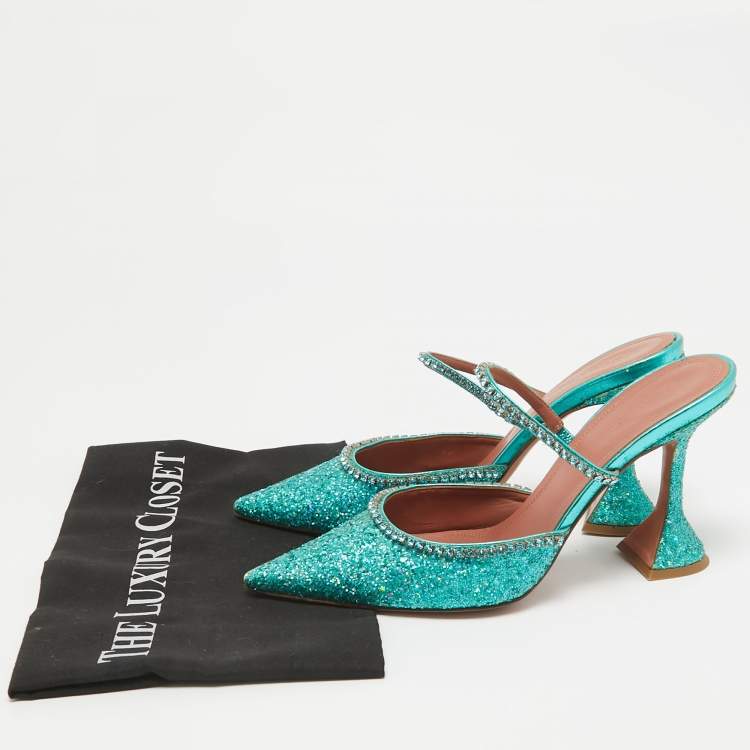 Pre Owned Amina Muaddi Teal Green Glitter Crystal Embellished Mules Size 38.5