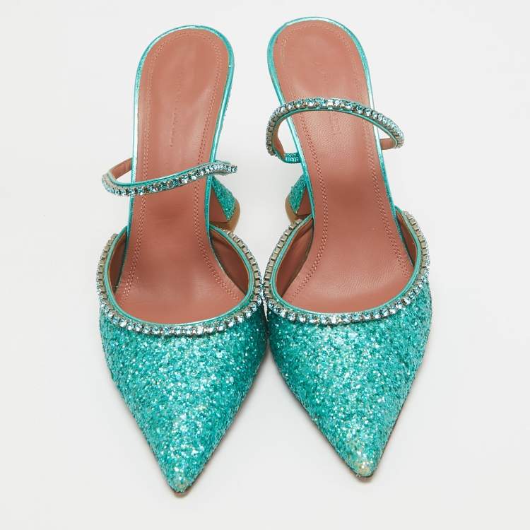 Pre Owned Amina Muaddi Teal Green Glitter Crystal Embellished Mules Size 38.5