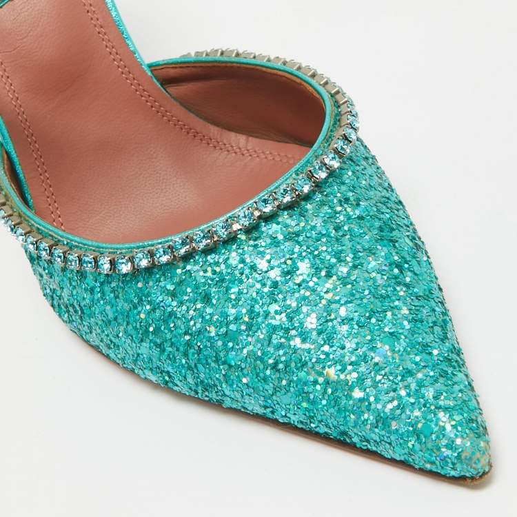 Pre Owned Amina Muaddi Teal Green Glitter Crystal Embellished Mules Size 38.5