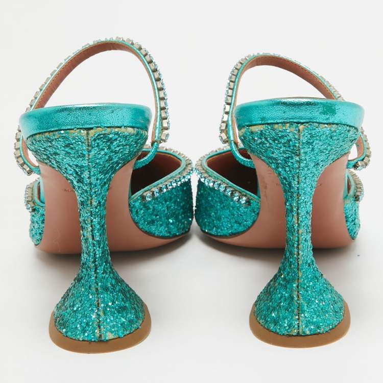 Pre Owned Amina Muaddi Teal Green Glitter Crystal Embellished Mules Size 38.5