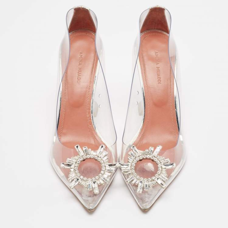 Pre Owned Amina Muaddi Transparent/Silver PVC and Leather Begum Pumps Size 37.5