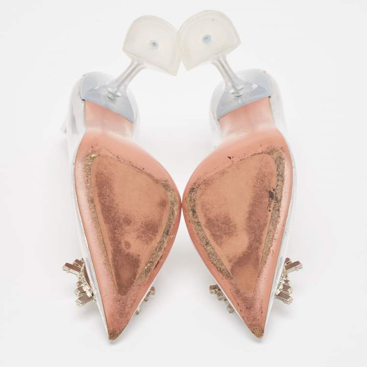Pre Owned Amina Muaddi Transparent/Silver PVC and Leather Begum Pumps Size 37.5
