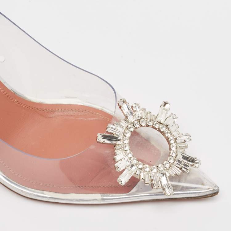 Pre Owned Amina Muaddi Transparent/Silver PVC and Leather Begum Pumps Size 37.5