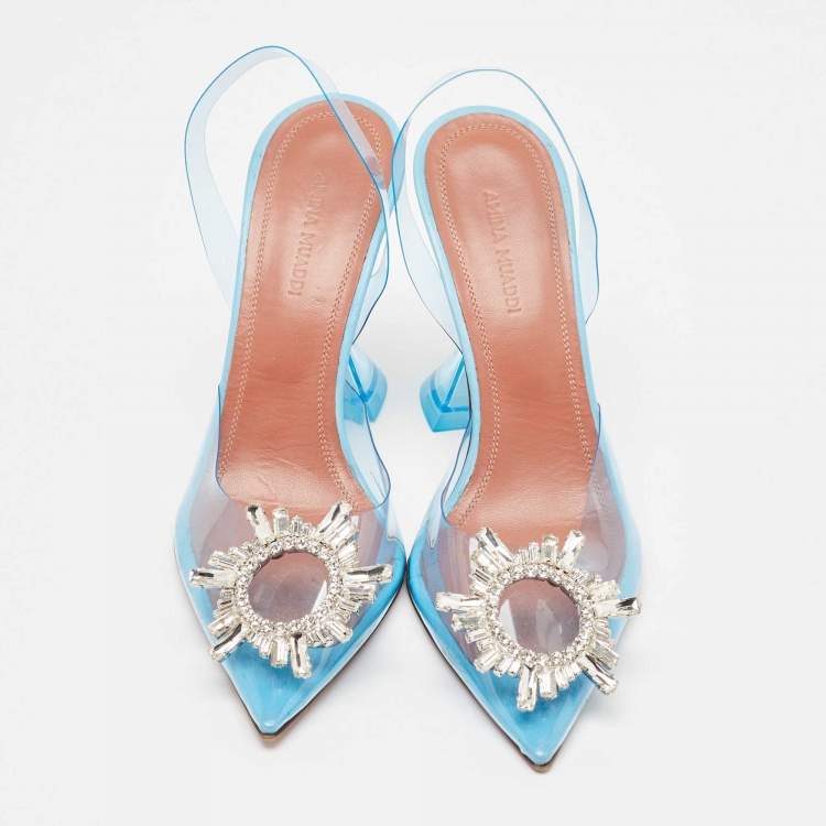 Pre Owned Amina Muaddi Blue PVC Begum Slingback Pumps Size 36.5