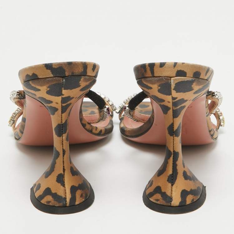 Pre Owned Amina Muaddi Brown Fabric and Leather Glid Slide Sandals Size 36.5