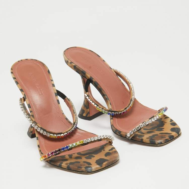 Pre Owned Amina Muaddi Brown Fabric and Leather Glid Slide Sandals Size 36.5