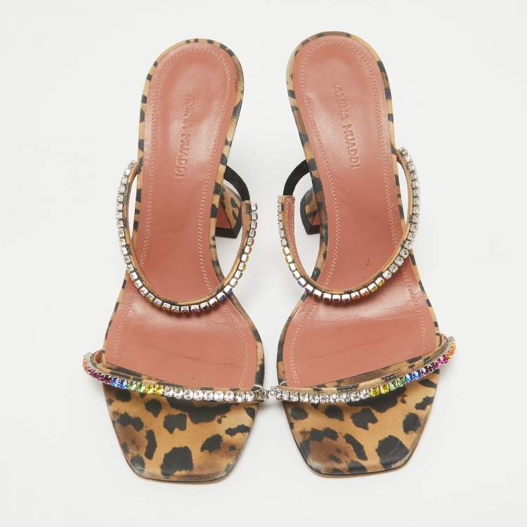 Pre Owned Amina Muaddi Brown Fabric and Leather Glid Slide Sandals Size 36.5