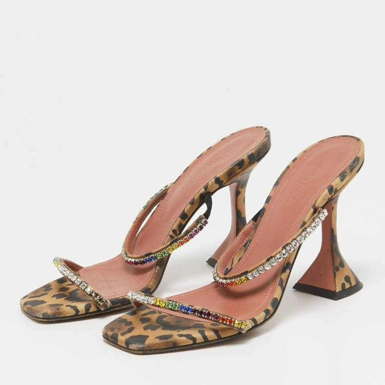 Pre Owned Amina Muaddi Brown Fabric and Leather Glid Slide Sandals Size 36.5