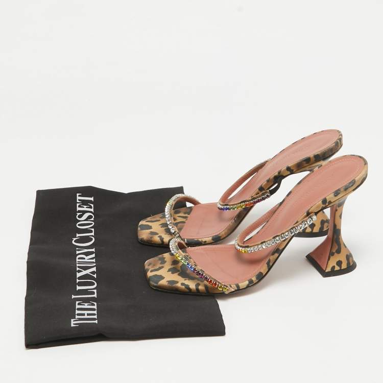 Pre Owned Amina Muaddi Brown Fabric and Leather Glid Slide Sandals Size 36.5