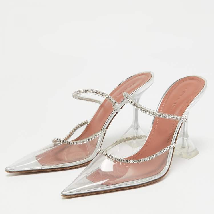 Pre Owned Amina Muaddi Transparent PVC Crystal Embellished Gilda Mules Size 37.5