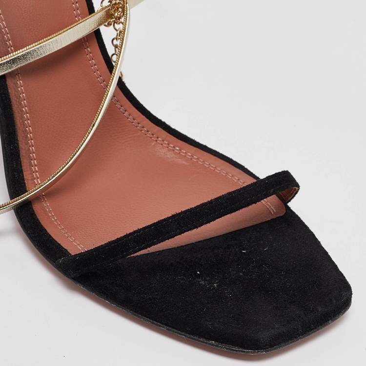Pre Owned Amina Muaddi Black Leather and Suede Henson Ankle Strap Sandals Size 39.5