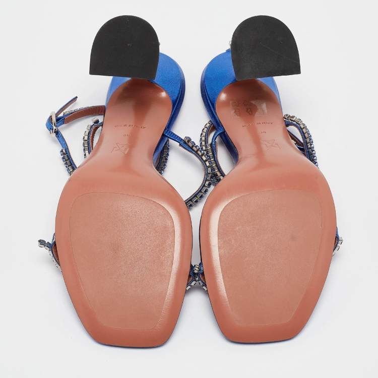 Pre Owned Amina Muaddi Blue Leather Gilda Ankle Strap Sandals Size 39