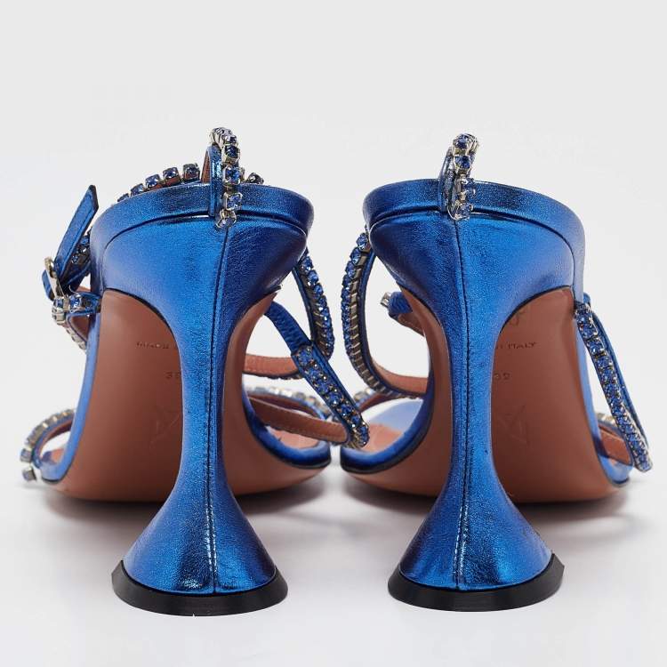 Pre Owned Amina Muaddi Blue Leather Gilda Ankle Strap Sandals Size 39