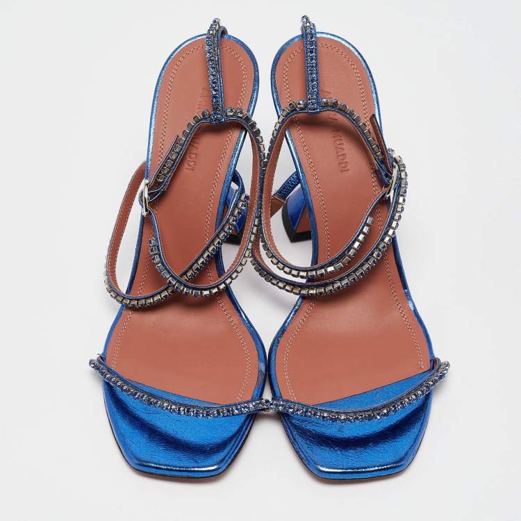 Pre Owned Amina Muaddi Blue Leather Gilda Ankle Strap Sandals Size 39