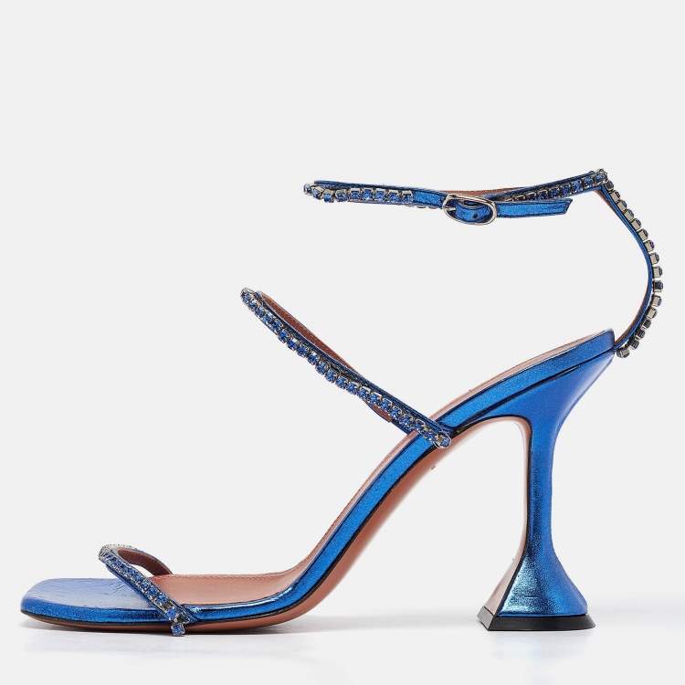 Pre Owned Amina Muaddi Blue Leather Gilda Ankle Strap Sandals Size 39