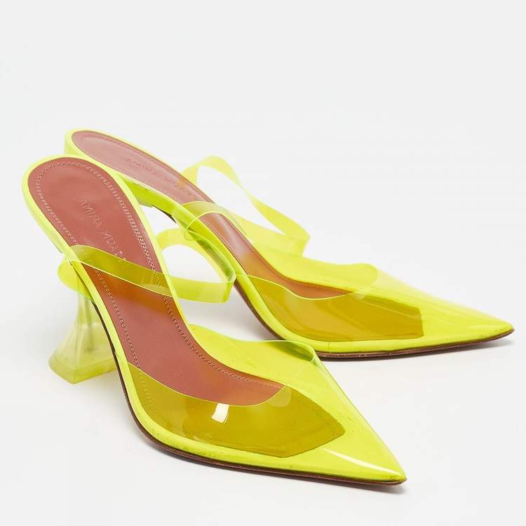 Pre Owned Amina Muaddi Neon Yellow PVC Holli Glass Slingback Pumps Size 37