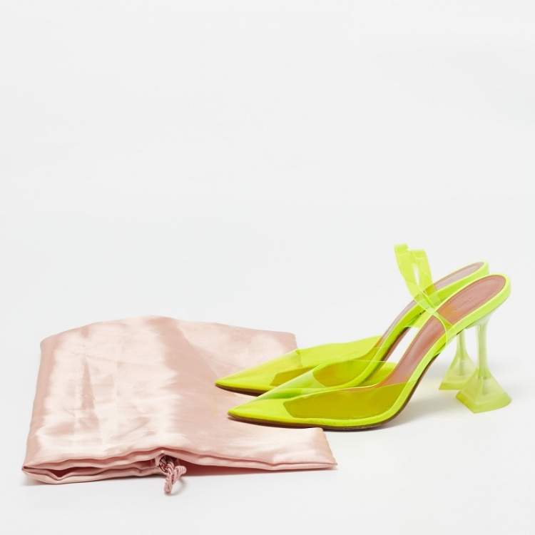 Pre Owned Amina Muaddi Neon Yellow PVC Holli Glass Slingback Pumps Size 37