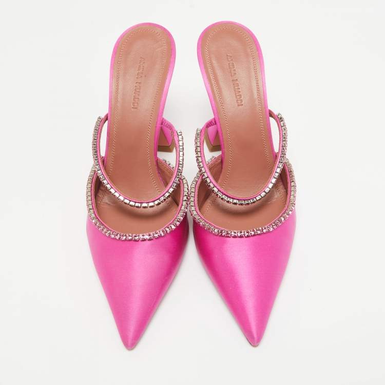 Pre Owned Amina Muaddi Pink Satin Crystal Embellished Gilda Mules Size 38