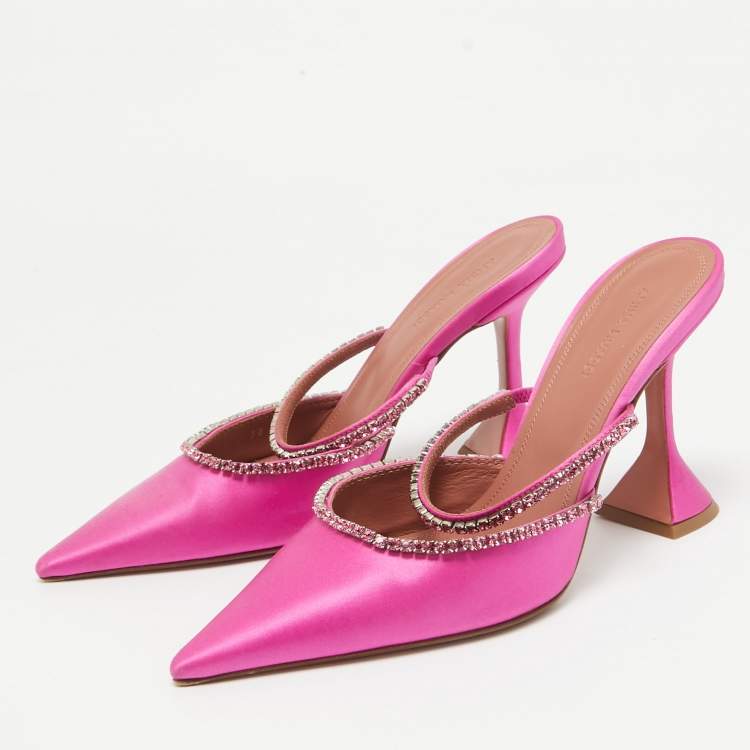 Pre Owned Amina Muaddi Pink Satin Crystal Embellished Gilda Mules Size 38