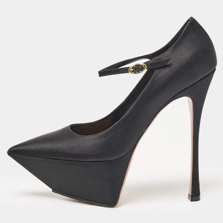 Pre Owned Amina Muaddi Black Satin Yigit Platform Pumps Size 39.5