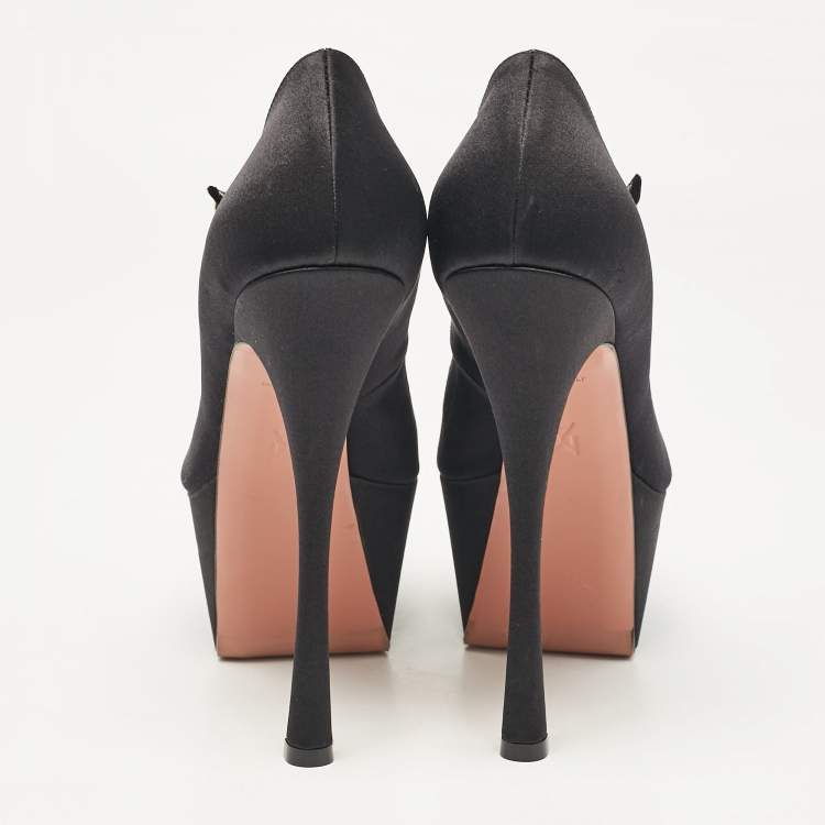 Pre Owned Amina Muaddi Black Satin Yigit Platform Pumps Size 39.5