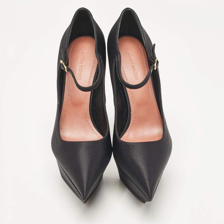 Pre Owned Amina Muaddi Black Satin Yigit Platform Pumps Size 39.5