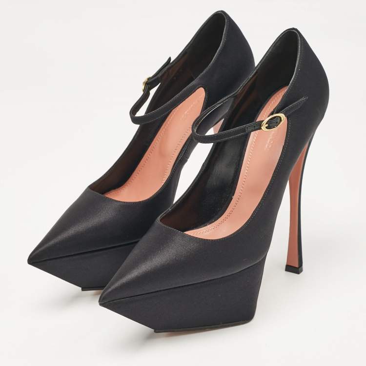 Pre Owned Amina Muaddi Black Satin Yigit Platform Pumps Size 39.5