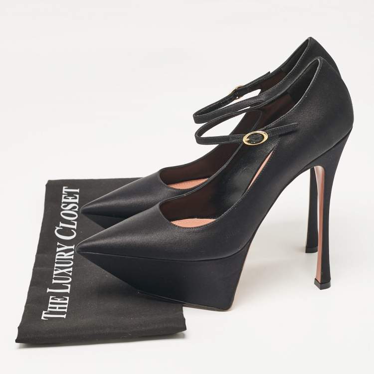 Pre Owned Amina Muaddi Black Satin Yigit Platform Pumps Size 39.5