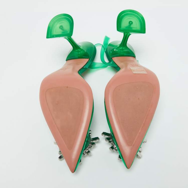 Pre Owned Amina Muaddi Green PVC Crystal Embellished Begum Slingback Pumps Size 37