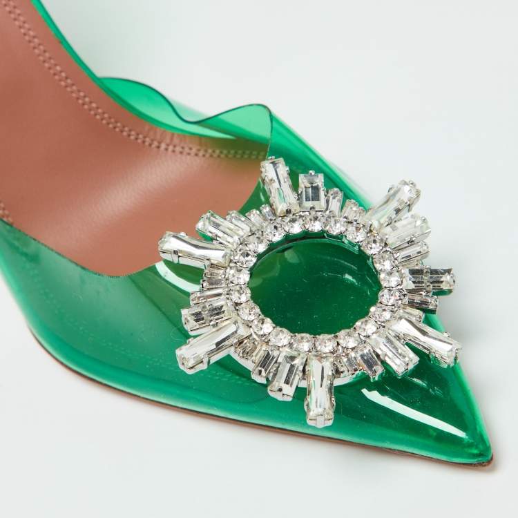 Pre Owned Amina Muaddi Green PVC Crystal Embellished Begum Slingback Pumps Size 37