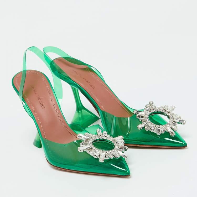 Pre Owned Amina Muaddi Green PVC Crystal Embellished Begum Slingback Pumps Size 37