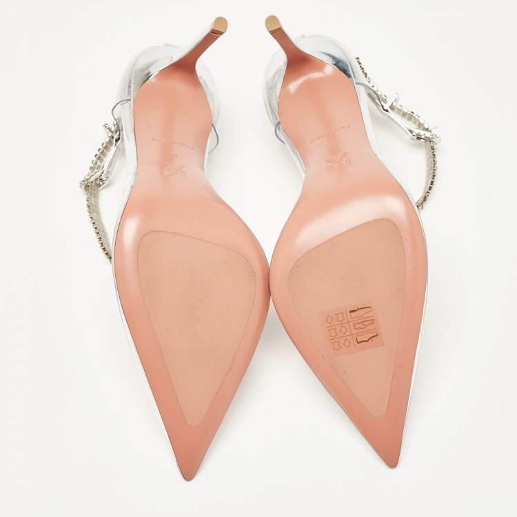Pre Owned  Amina Muaddi Silver PVC and Patent Leather Ursina Pumps Size 36