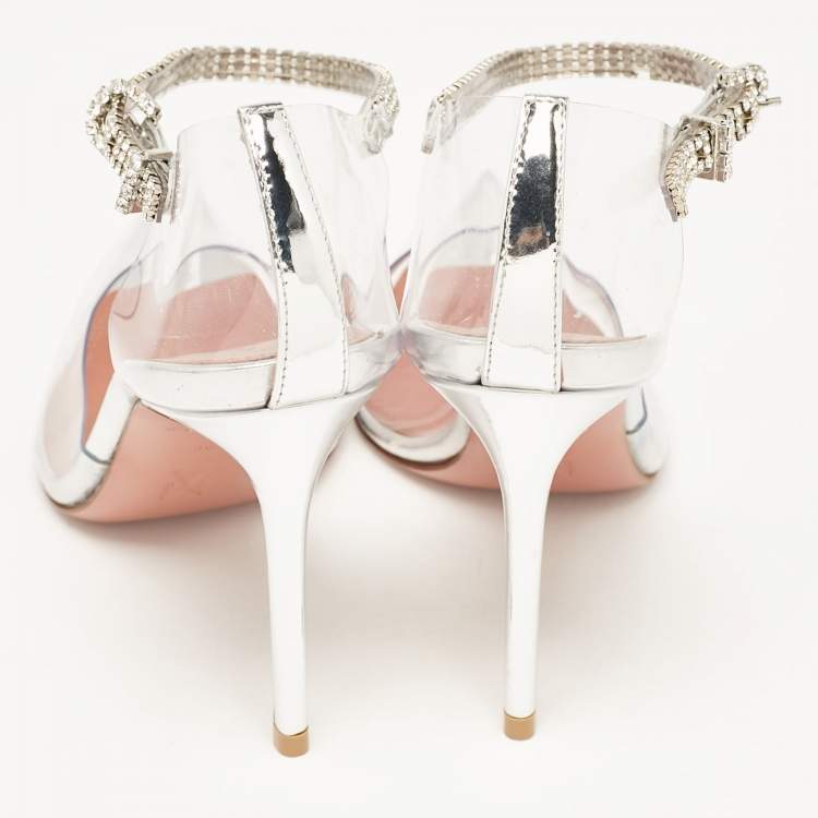 Pre Owned  Amina Muaddi Silver PVC and Patent Leather Ursina Pumps Size 36