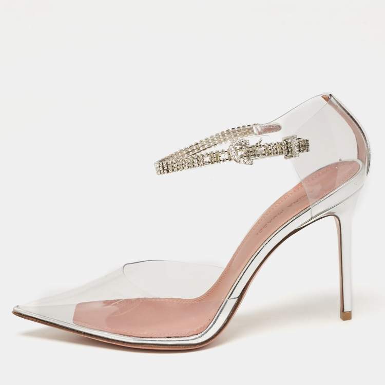 Pre Owned  Amina Muaddi Silver PVC and Patent Leather Ursina Pumps Size 36