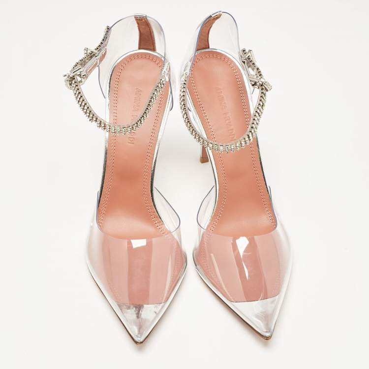 Pre Owned  Amina Muaddi Silver PVC and Patent Leather Ursina Pumps Size 36