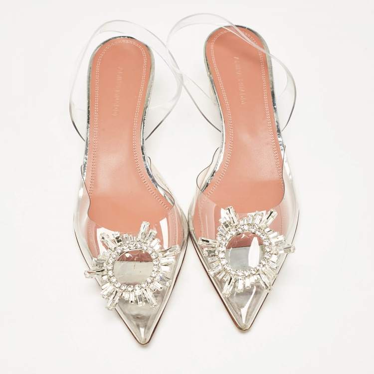 Pre Owned Amina Muaddi Transparent Begum Ankle Strap Sandals Size 37.5
