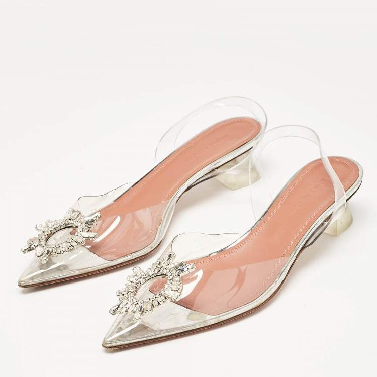Pre Owned Amina Muaddi Transparent Begum Ankle Strap Sandals Size 37.5