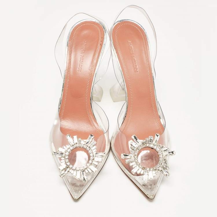 Pre Owned Amina Muaddi Silver/Transparent PVC Begum Pumps Size 38