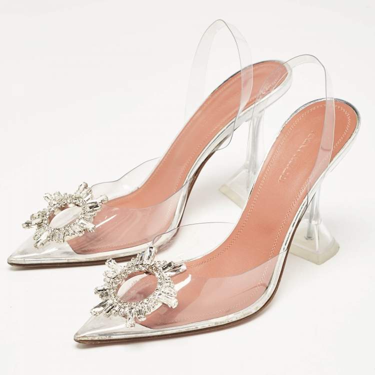 Pre Owned Amina Muaddi Silver/Transparent PVC Begum Pumps Size 38