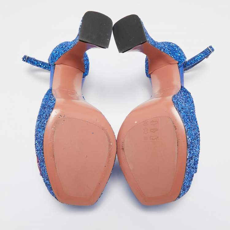Pre Owned Amina Muaddi Blue Glitter Ankle Strap Sandals Size 38
