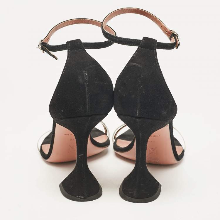 Pre Owned Amina Muaddi Black Suede and PVC Vita Crystal Ankle Strap Sandals Size 39.5