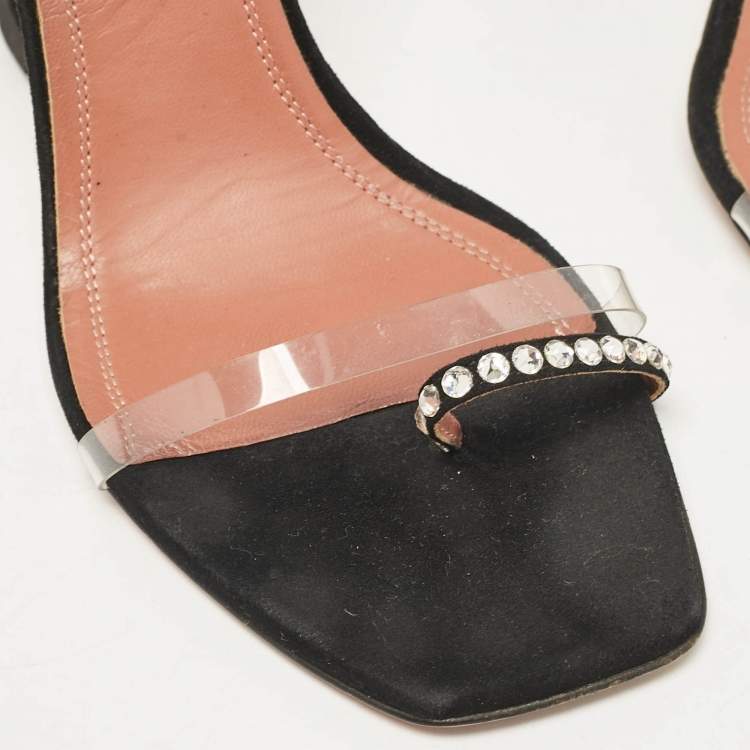 Pre Owned Amina Muaddi Black Suede and PVC Vita Crystal Ankle Strap Sandals Size 39.5