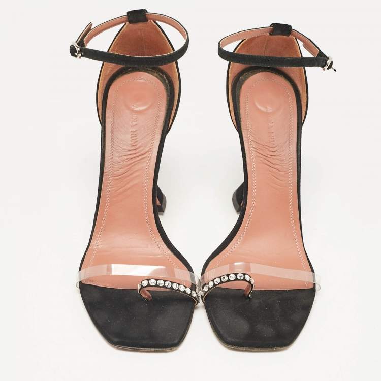 Pre Owned Amina Muaddi Black Suede and PVC Vita Crystal Ankle Strap Sandals Size 39.5
