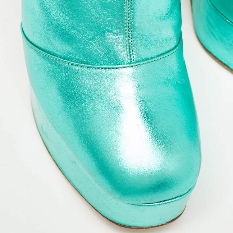 Pre Owned Amina Muaddi Metallic Green Leather Platform Ankle Boots Size 39