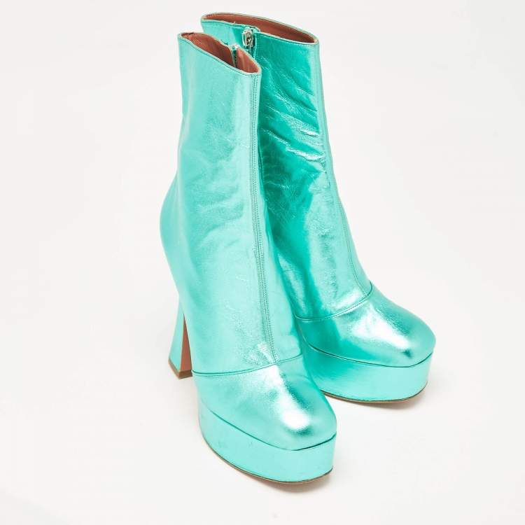 Pre Owned Amina Muaddi Metallic Green Leather Platform Ankle Boots Size 39